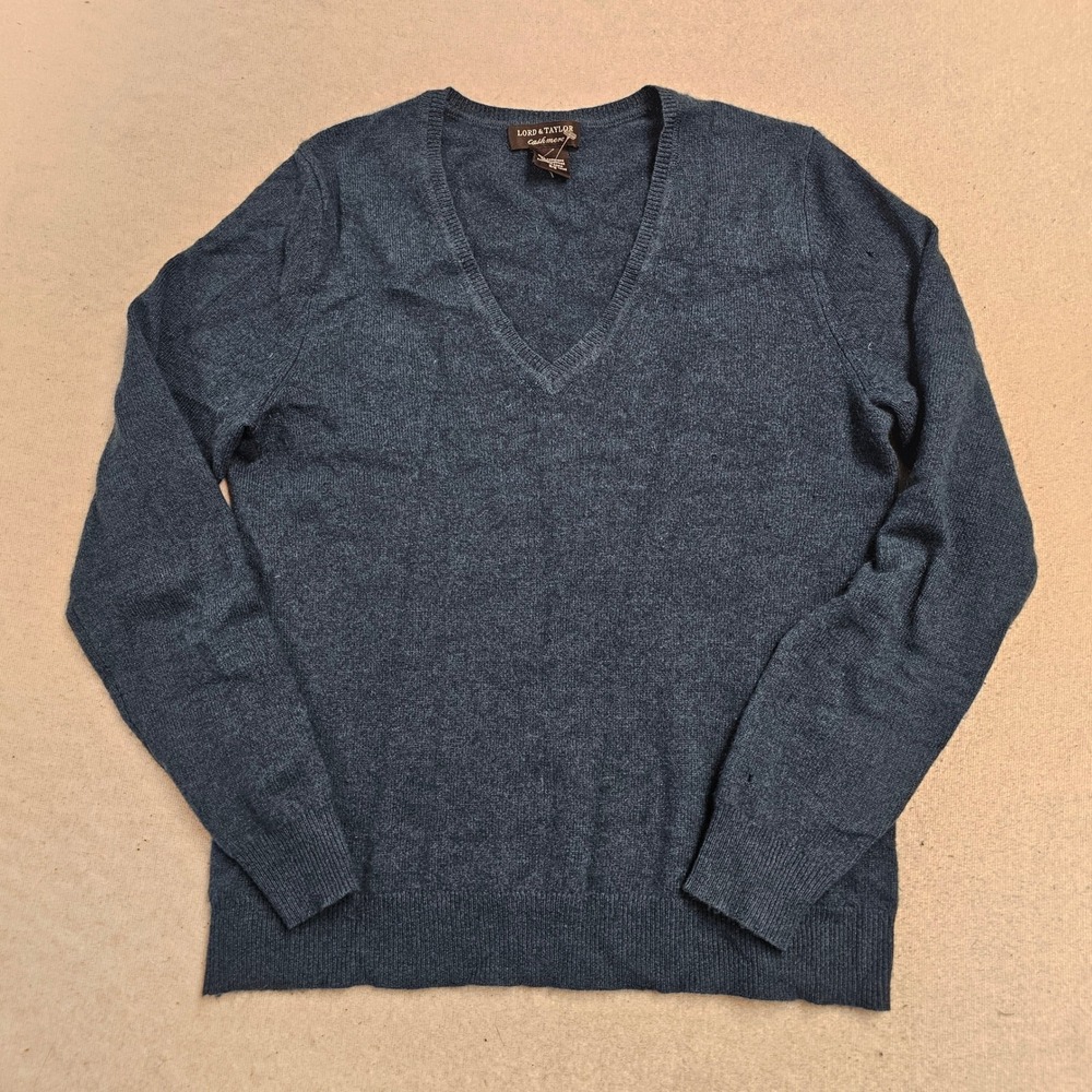 Lord & Taylor Cashmere V-Neck Sweater Heathered Blue Gray Knit Pullover Top L